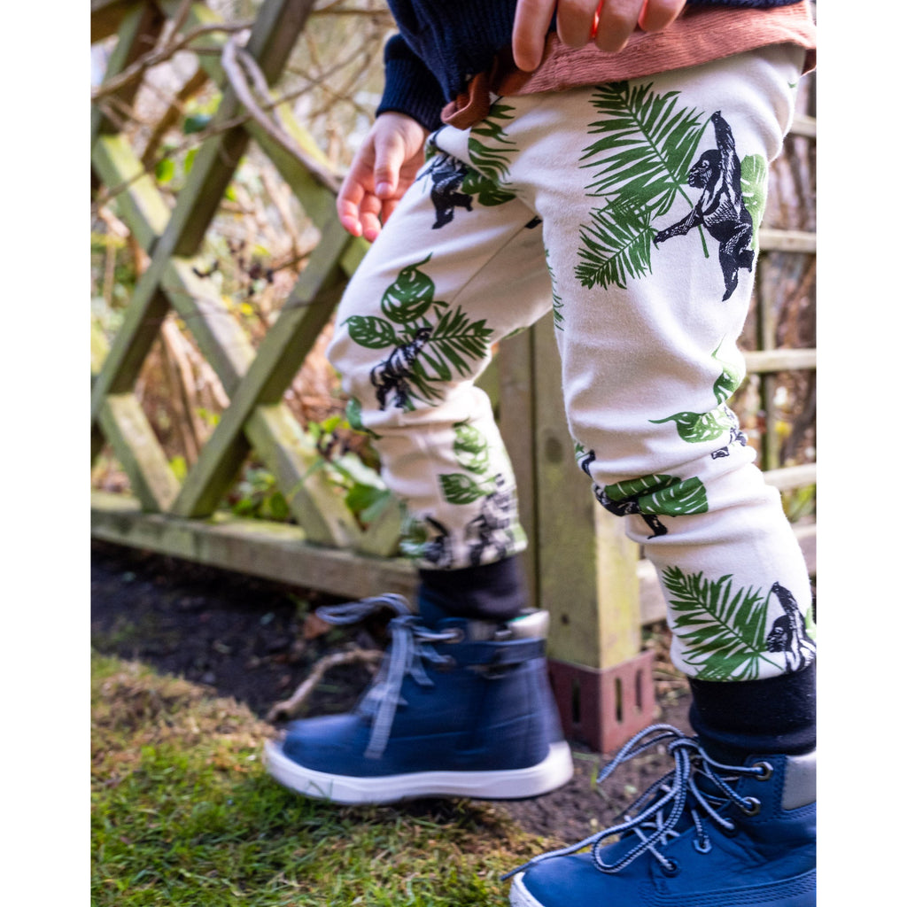 Gorilla themed Childrens Leggings from Doctor Mother Other. Made from 100% cotton and all handmade in the UK.