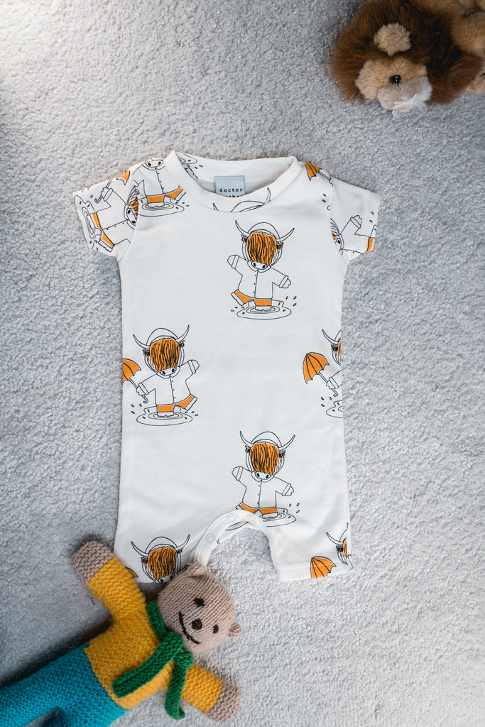 Highland Cow Short Sleeved Baby Romper, unique to Doctor Mother Other. All handmade in the UK with free delivery.